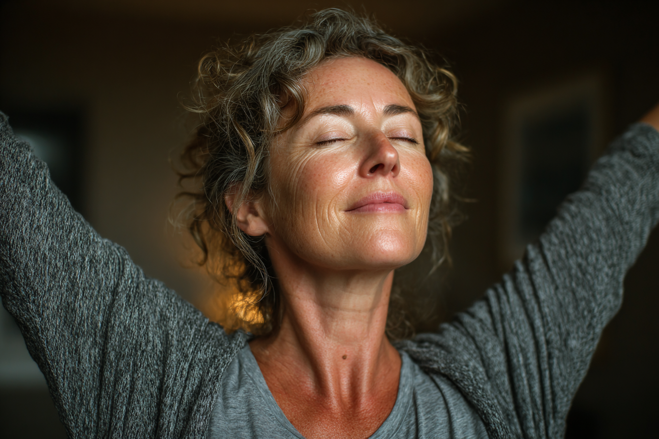 Група літніх людей займається йогою на природі