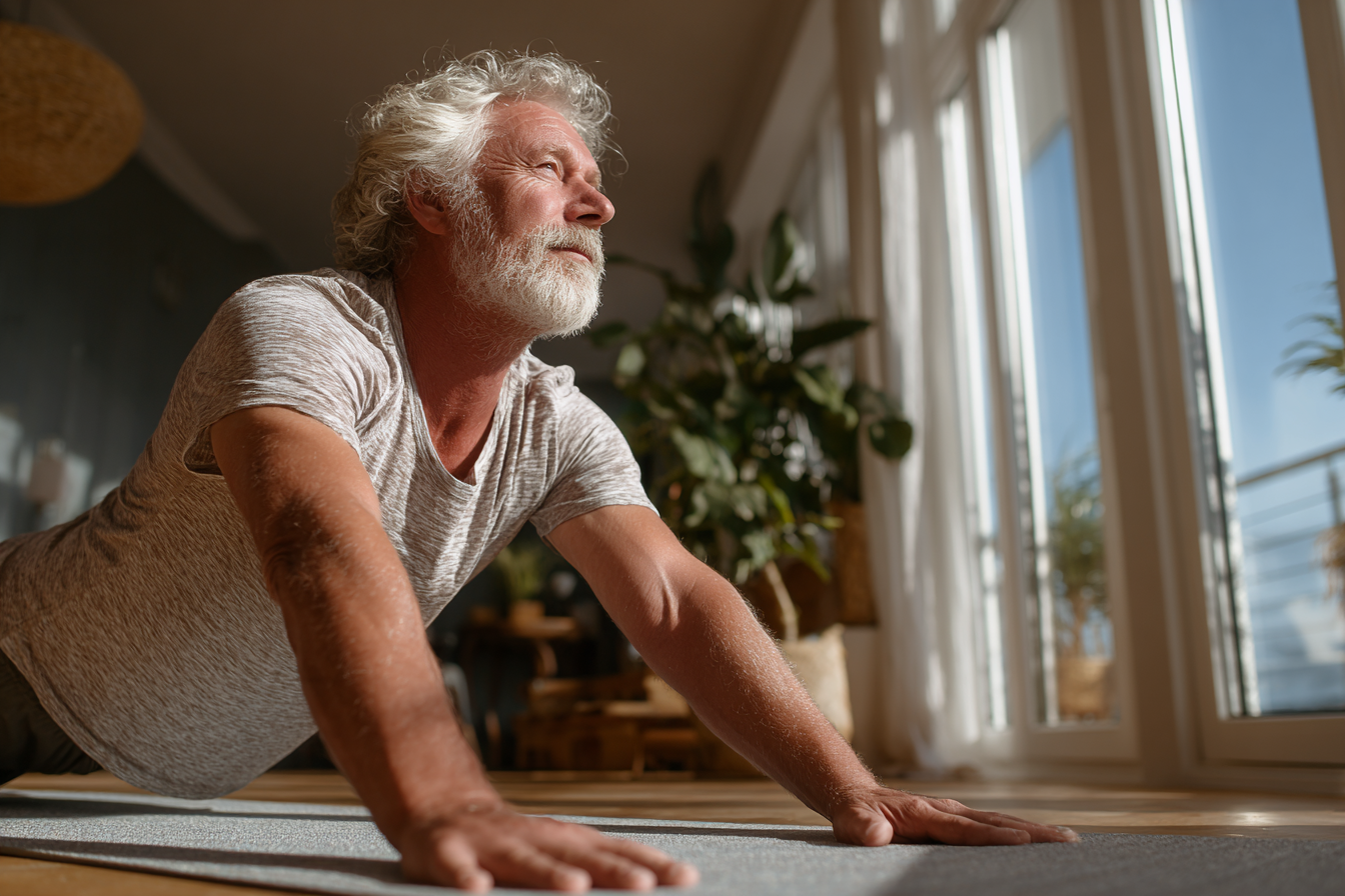 Щаслива літня жінка після заняття йогою